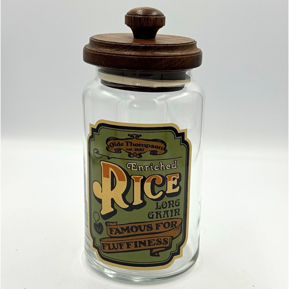 Olde Thompson Glass Canister Rice Wood Lid Vintage